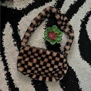 Brown and Black Plaid Teddy Furry Mini Bag